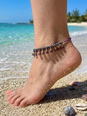 Turkish Artisan Handmade 18K Gold Plated Amethyst Crystal Beaded Boho Anklet